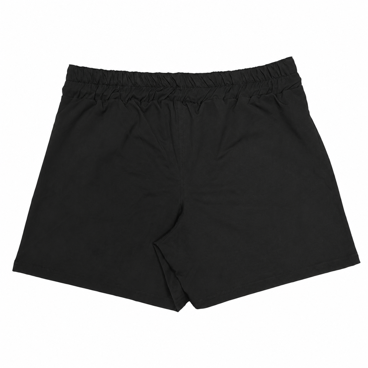 Black athletic shorts with an elastic waistband, shown flat against a plain white background. High split
