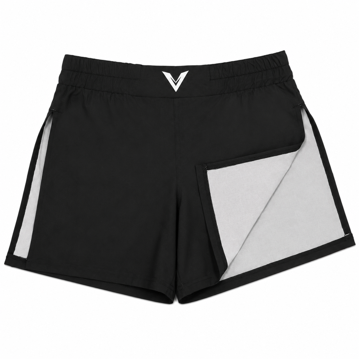 Black athletic shorts with a white V-shaped logo on the waistband, featuring light gray side panels and a light gray lining shown by a folded hem detail, on a white background.