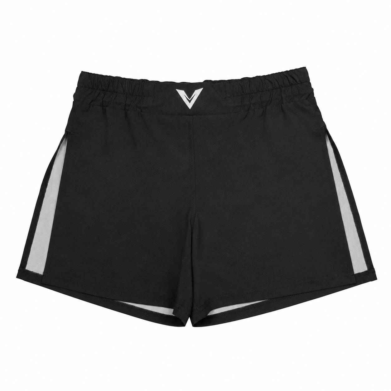 Black athletic shorts with a white V-shaped logo on the front waistband and white side stripes, shown flat on a white background. High split